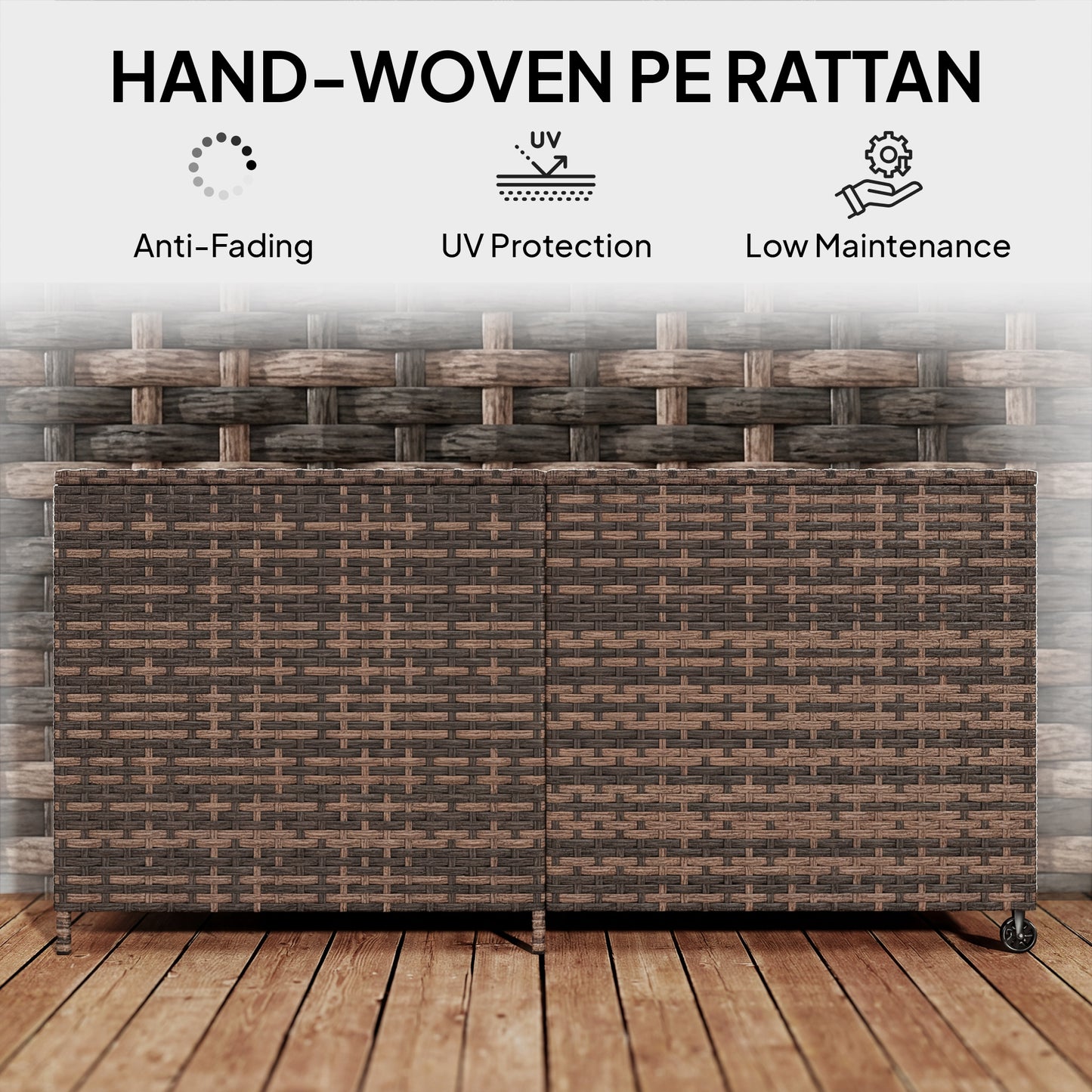 650L Garden Storage Box with 2 Wheels, Rattan Deck Box with Waterproof Zipped Liner, Safe Pneumatic Rods, Mixed Brown