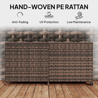 650L Garden Storage Box with 2 Wheels, Rattan Deck Box with Waterproof Zipped Liner, Safe Pneumatic Rods, Mixed Brown