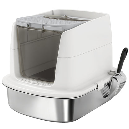 Large Stainless Steel Litter Box, Enclosed Metal Cat Litter Tray with Scoop, Deodoriser Bag, Front-Entry and Top-Exit