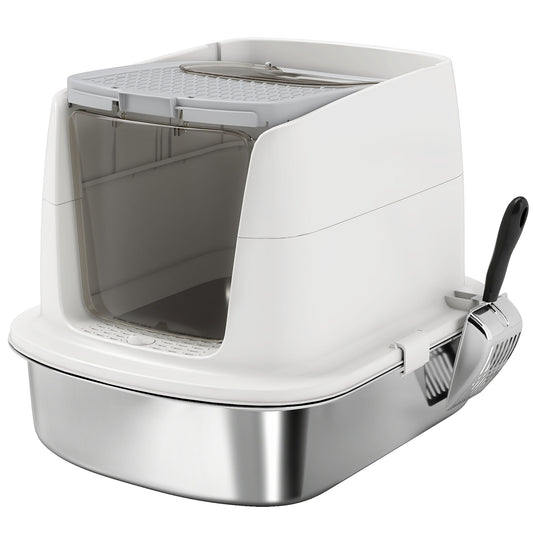 Large Stainless Steel Litter Box, Enclosed Metal Cat Litter Tray with Scoop, Deodoriser Bag, Front-Entry and Top-Exit