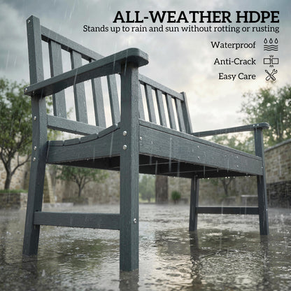 2 Seater Plastic Garden Bench, Outdoor Patio Bench with Armrest and Backrest, Weatherproof Outdoor Furniture for Balcony