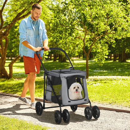Dog Pram Dog Stroller 4 Wheels Pet Pushchair with Rolling Door, Cushion, Safety Leashes, for Small and Medium Breeds, Grey