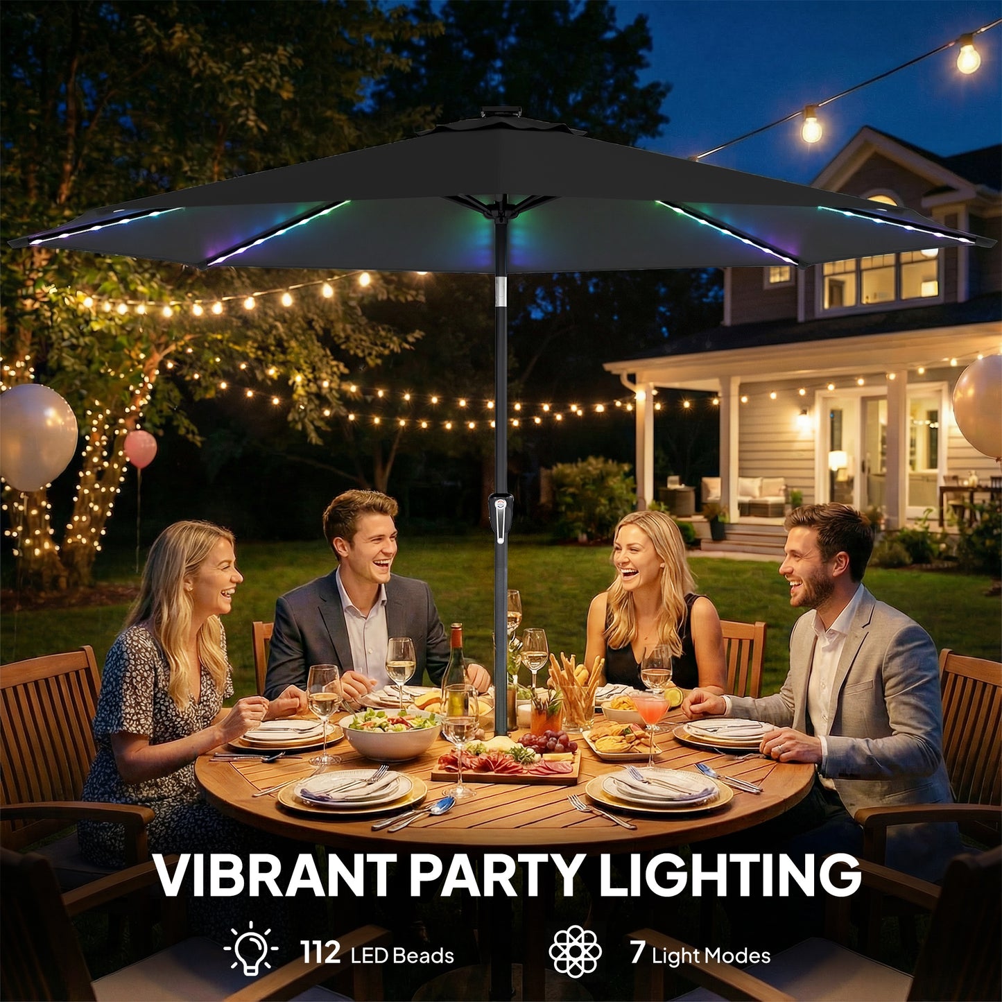 3 m Garden Parasol Umbrella with 112 Solar Powered LED Lights, Patio Umbrella with Crank Handle, Black