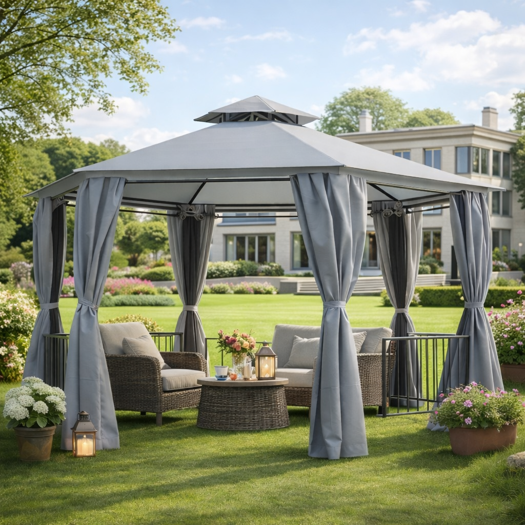 3 x 3(m) Hexagon Gazebo Patio Canopy Party Tent Outdoor Garden Shelter w/ 2 Tier Roof & Side Panel - Grey