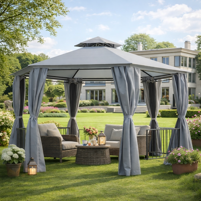 3 x 3(m) Hexagon Gazebo Patio Canopy Party Tent Outdoor Garden Shelter w/ 2 Tier Roof & Side Panel - Grey