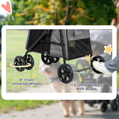 Dog Pram Dog Stroller 4 Wheels Pet Pushchair with Rolling Door, Cushion, Safety Leashes, for Small and Medium Breeds, Grey