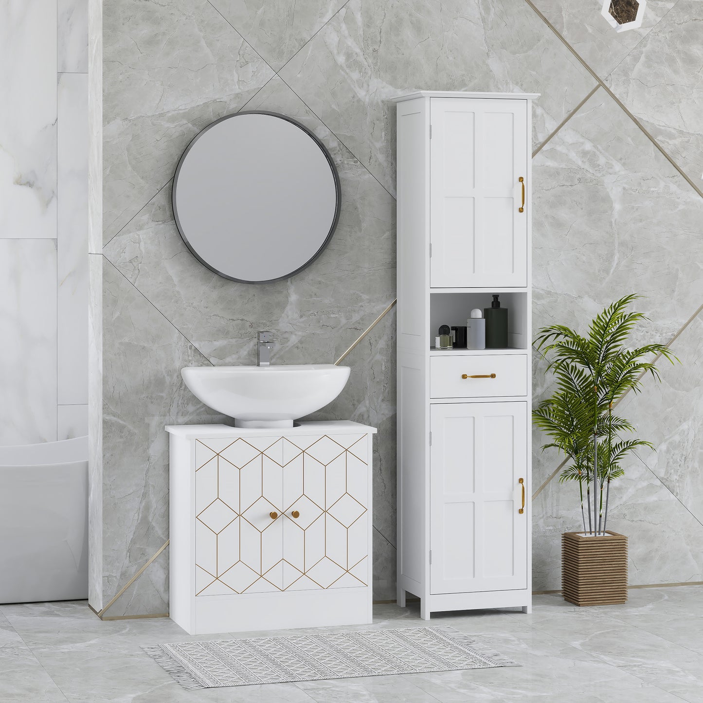 Under Sink Bathroom Cabinet, Under Sink Cabinet with Adjustable Shelf and Open Compartment for Basin with or without Pedestal