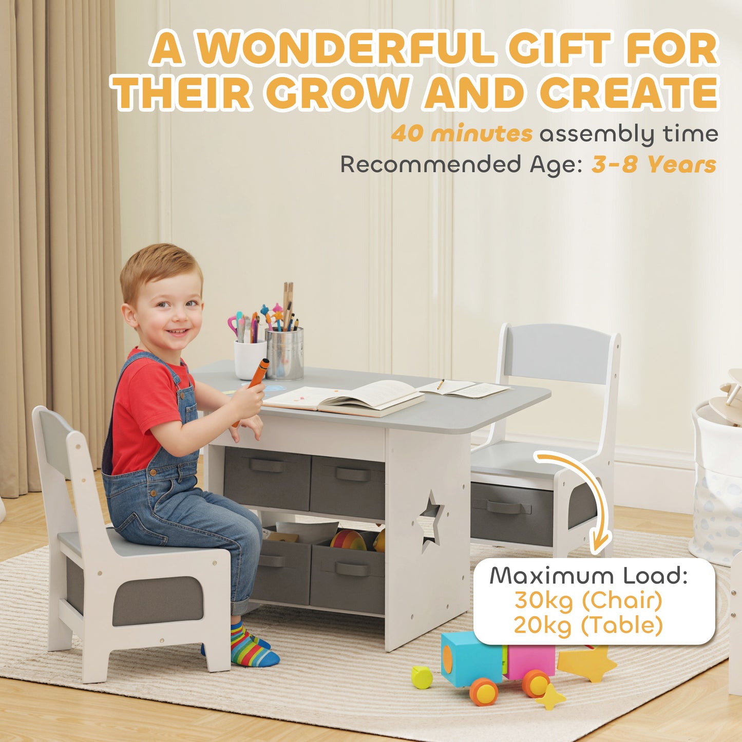 Kids Table and Chair Set, Toddler Table and 2 Chairs Set with 6 Removable Drawers, for Boys Girls Ages 3-8, Light Grey