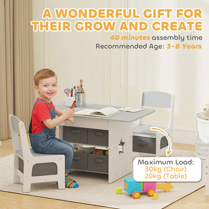 Kids Table and Chair Set, Toddler Table and 2 Chairs Set with 6 Removable Drawers, for Boys Girls Ages 3-8, Light Grey