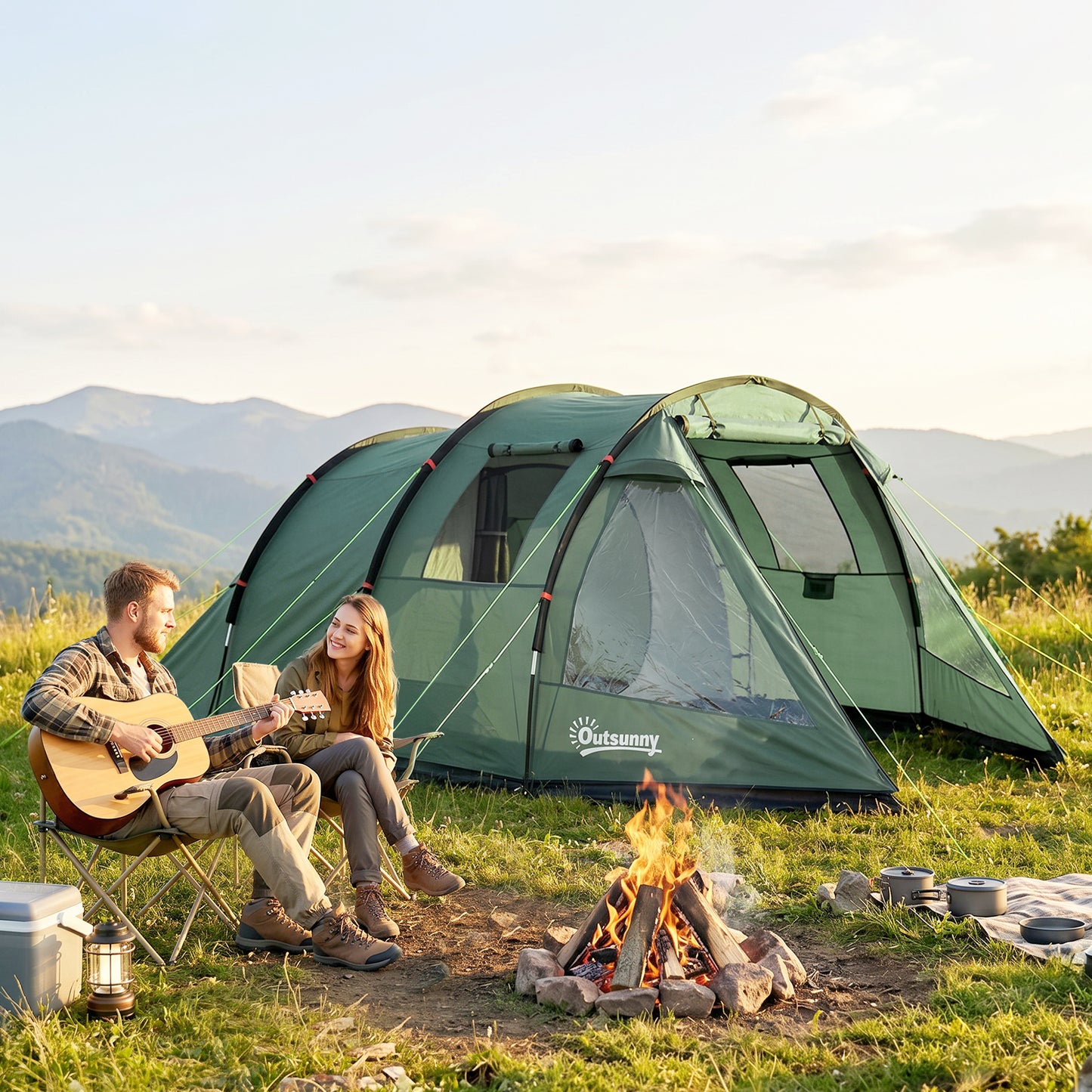 Two Room Tunnel Tent Camping Tent for 3 Man with Windows, Covers, Carry Bag, for Fishing, Hiking, Sports, Green