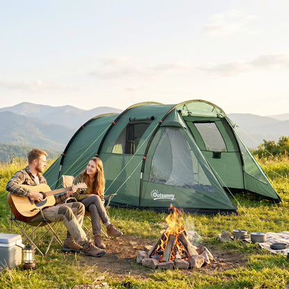 Two Room Tunnel Tent Camping Tent for 3 Man with Windows, Covers, Carry Bag, for Fishing, Hiking, Sports, Green