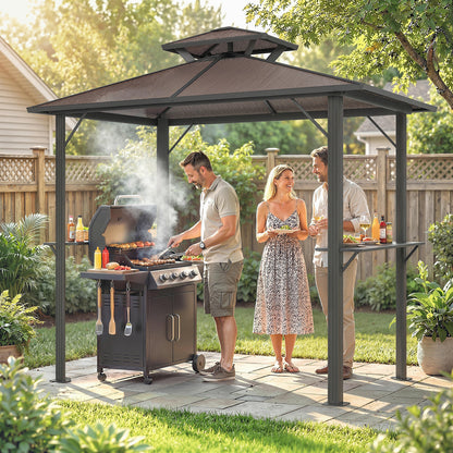 2.5 x 1.5 m Hardtop Grill Gazebo with Double Roof, Aluminium Outdoor BBQ Gazebo Shelter with 2 Side Shelves, Brown