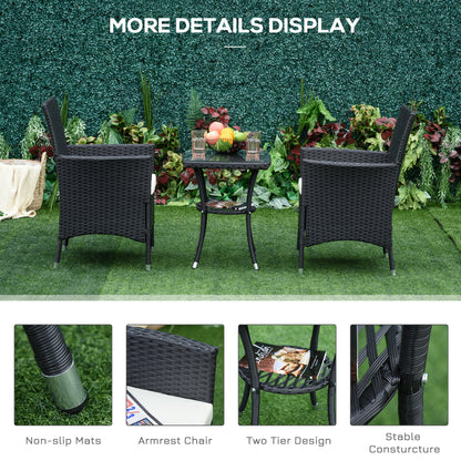 3-Piece Rattan Bistro Set with Cushions – Black