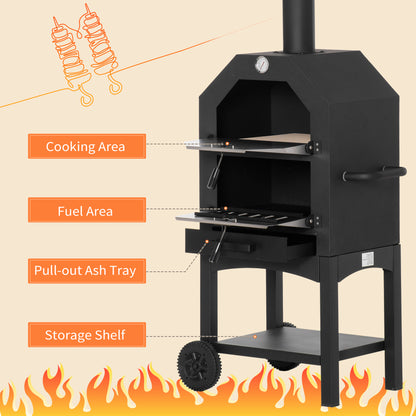 Outdoor Garden Pizza Oven Charcoal BBQ Grill 3-Tier Freestanding w/ Chimney, Mesh Shelf, Thermometer Handles
