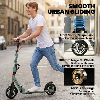 Foldable Kick Scooter with Height Adjustable Handlebar, One-click Folding Adult Scooters with 200 mm Big Wheels, Silver Tone