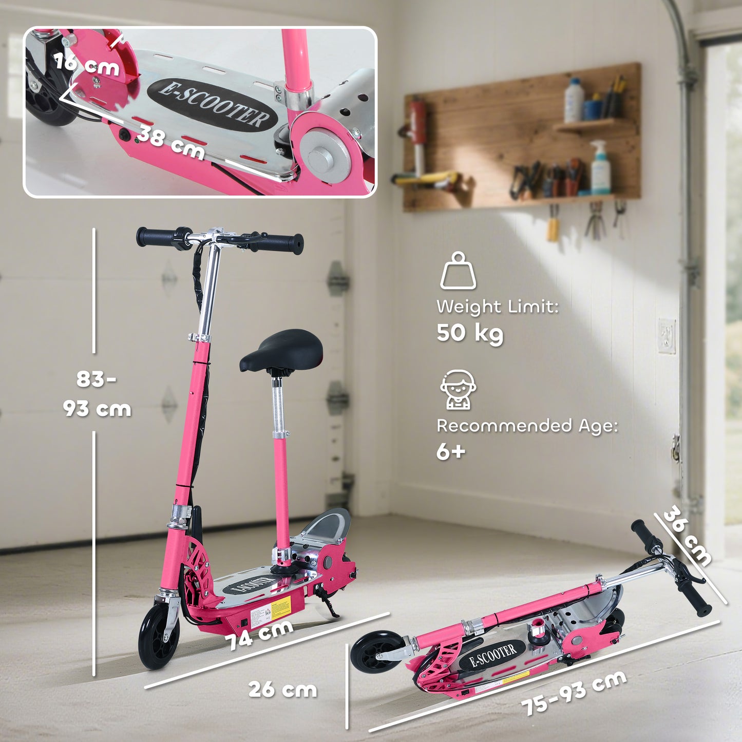 Foldable Powered Scooter with Adjustable Handle, Brake, Pink