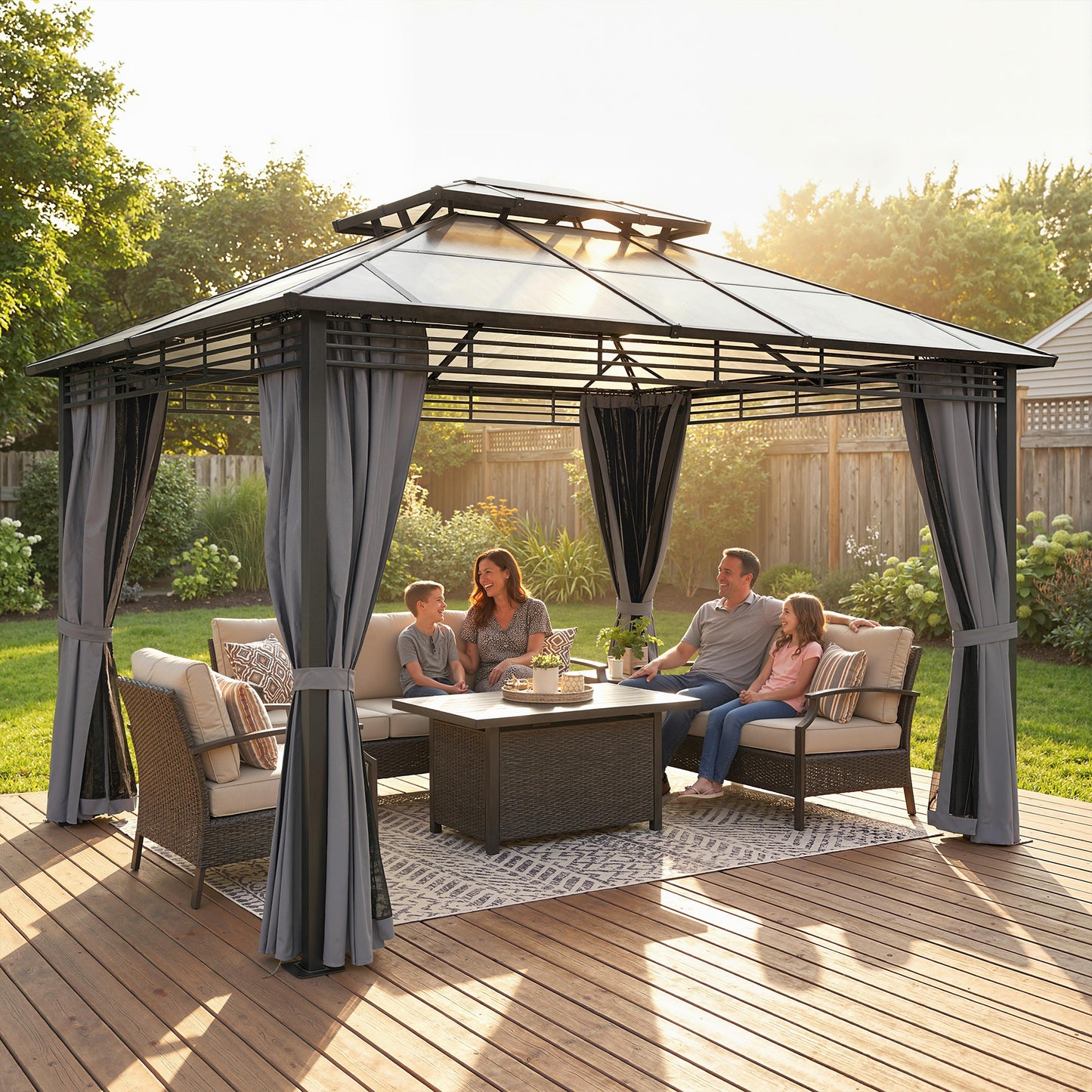 3 x 3.6 m Outdoor Hardtop Gazebo Canopy with 2-Tier Roof, Permanent Pavilion Garden Metal Gazebo with Sides, Dark Grey
