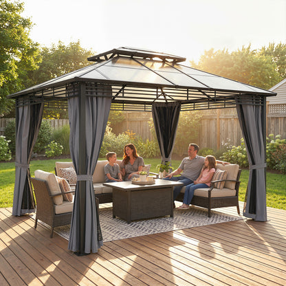3 x 3.6 m Outdoor Hardtop Gazebo Canopy with 2-Tier Roof, Permanent Pavilion Garden Metal Gazebo with Sides, Dark Grey