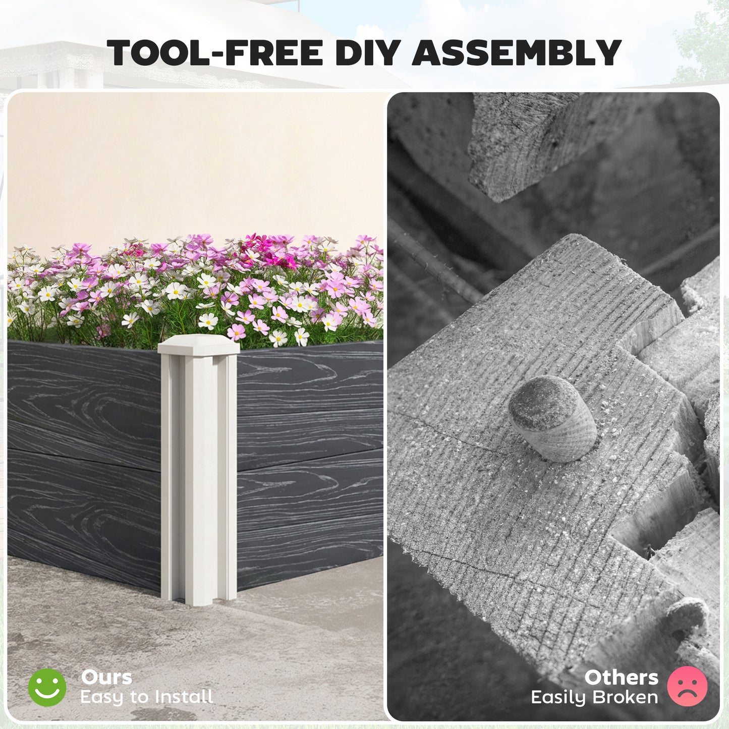 Vinyl Raised Garden Bed Kit, 3 x 3 x 1ft Modular Elevated Garden Box with Slotting Legs and Open Bottom, Dark Grey