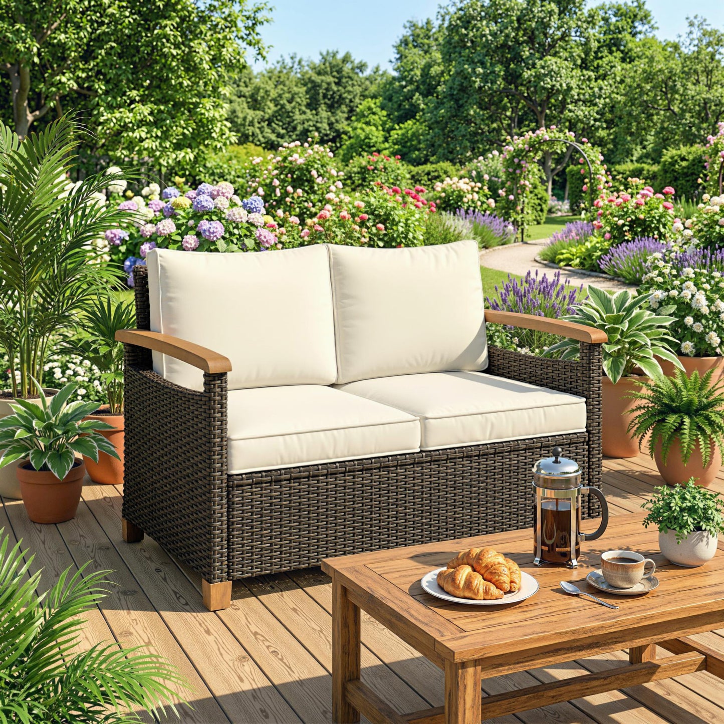 2 Seater Rattan Garden Sofa, Outdoor Sofa with Thickened Cushions and Acacia Wood Armrests, Brown