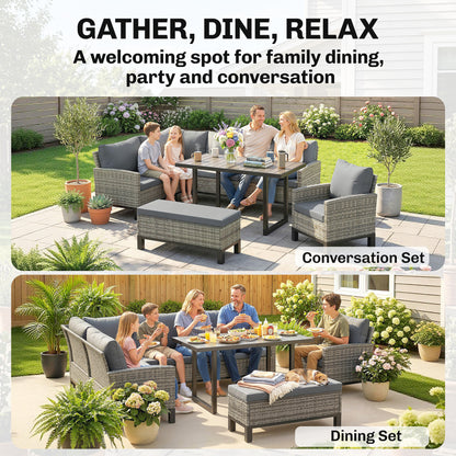 9 Seater Rattan Garden Furniture Corner Sofa Set, Outdoor Dining Set with Faux Wood Table, Ottoman, Cushions, Dark Grey