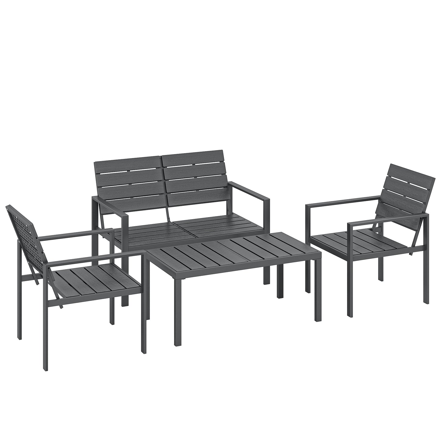 4 Piece Garden Furniture Set, Outdoor Sofa Set with HDPE Slatted Loveseat Armchairs Coffee Table Metal Frame, Dark Grey