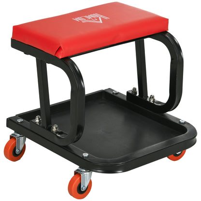 Workshop Stool, Rolling Machine Stool with 360° Swivel, Padded Seat, Tool Tray, Red
