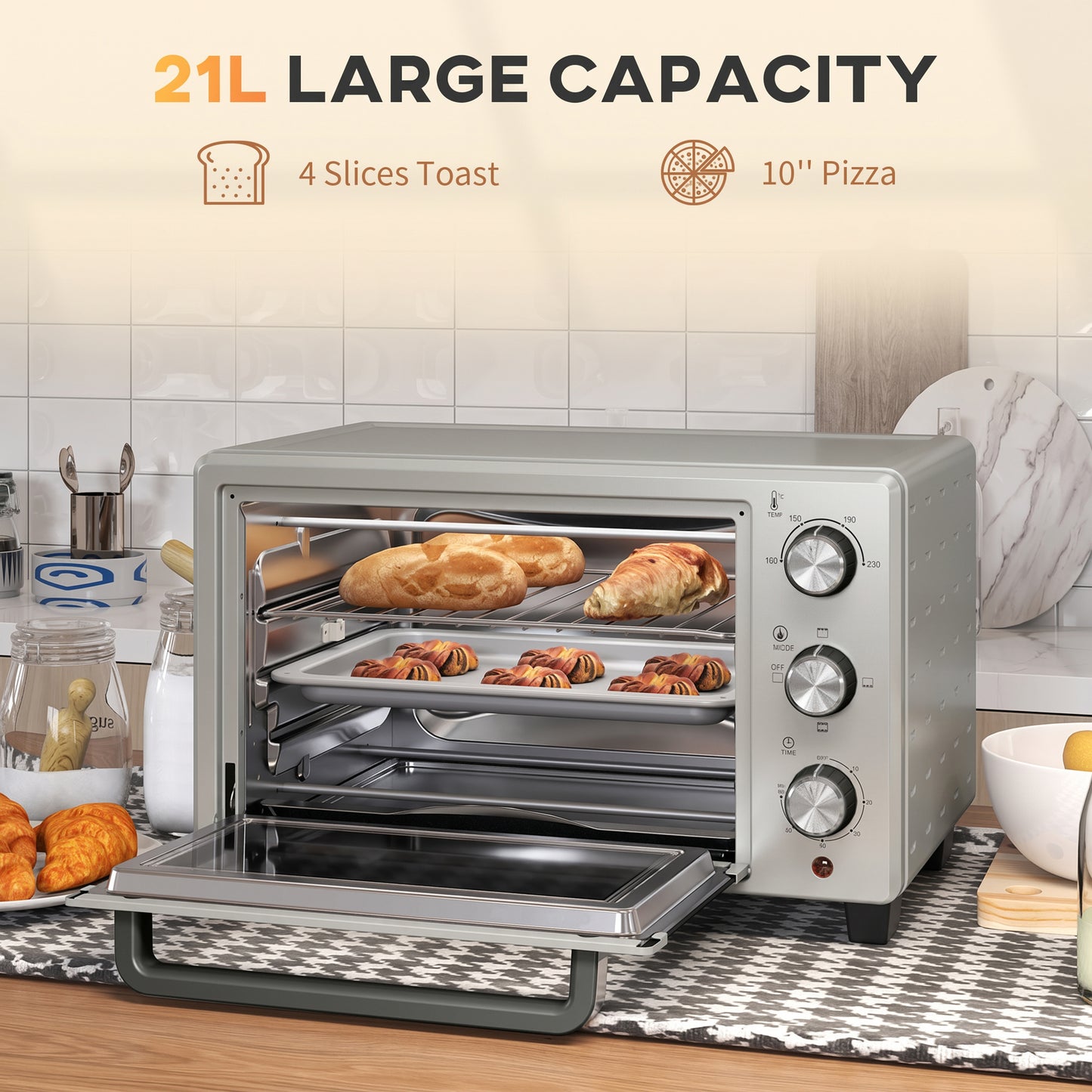 21L Mini Countertop Oven, 100°C-230°C Adjustable Temp - Silver Tone
