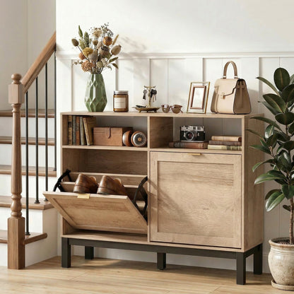 Shoe Cabinet with 2 Flip Drawers, Narrow Shoe Storage Top for Entryway Hallway, Walnut Brown