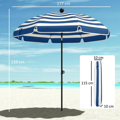 1.8 m Beach Umbrella Parasol with Sand Anchor, Portable 30° Tilting Patio Sun Shade with Adjustable Height, Blue/White