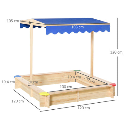 Sandpit, Kids Wooden Sandbox with Adjustable Canopy, Bench Seats & Protective Corners for 3-6 Years Boys Girls, 120x120x120cm