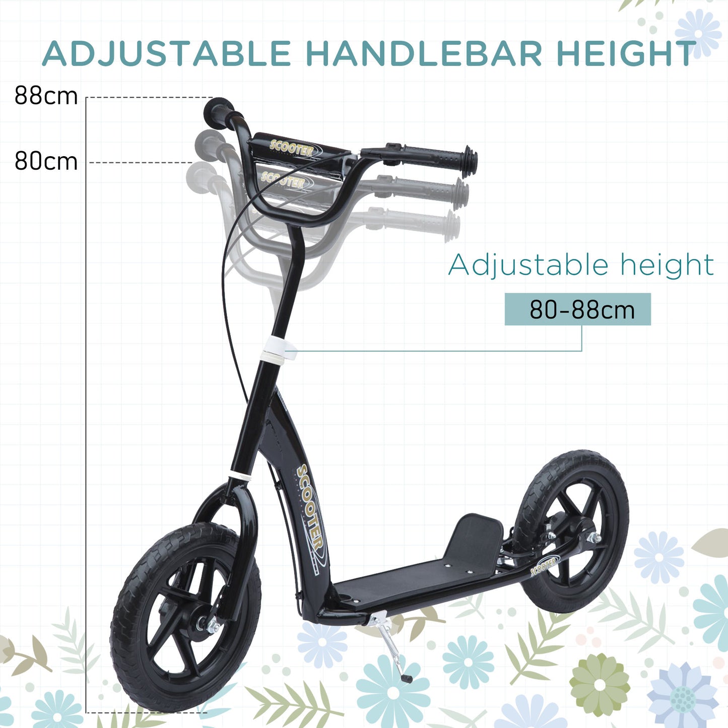 Kids Scooter Kick Scooter, with 12" EVA Tyres, Rear Brake, Big Wheels Scooter for 5-12 Years , Black
