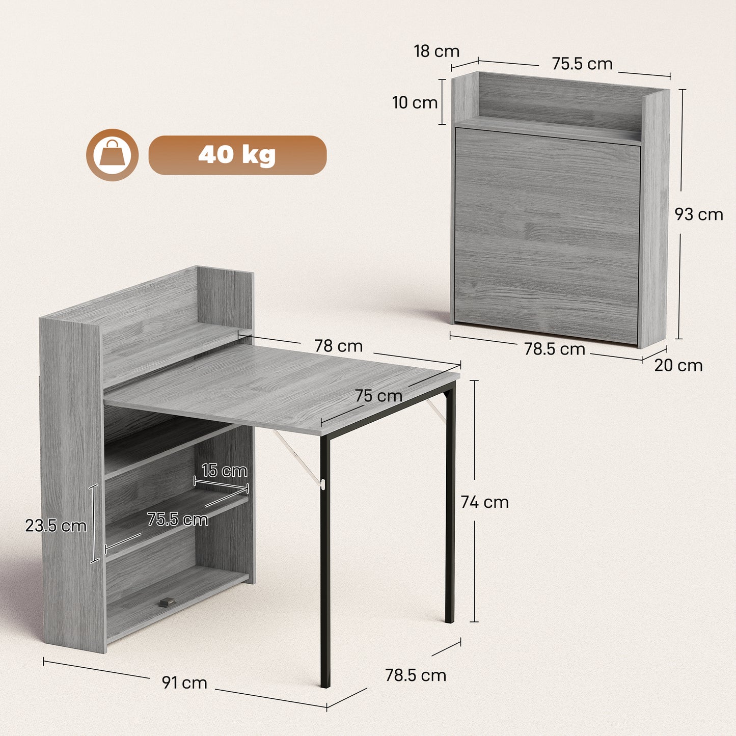 Kitchen Table, Folding Dining Table, with 4-Tier Shelves, Modern Drop-Leaf Table, Grey Wood Effect