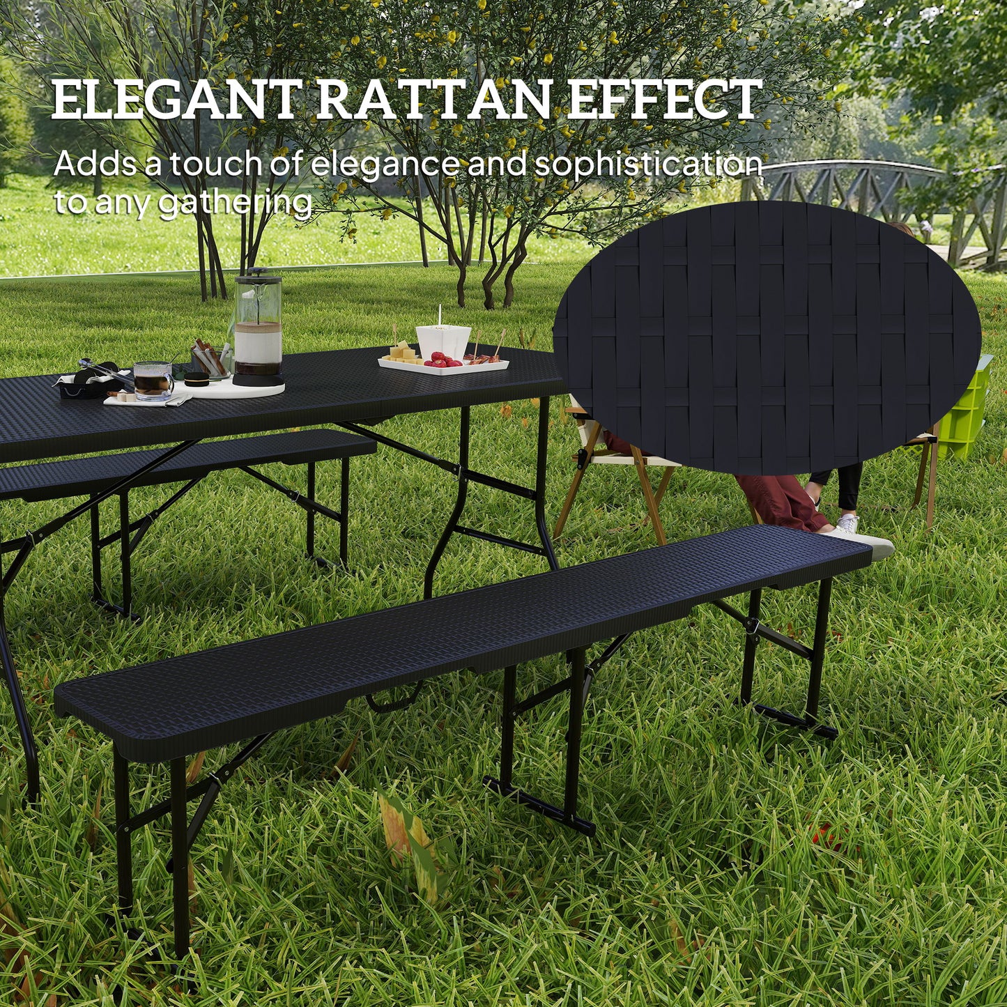 Folding Picnic Table and Bench Set, Rattan Effect Portable Camping Table and Chairs with Carrying Handles for Indoor Outdoor