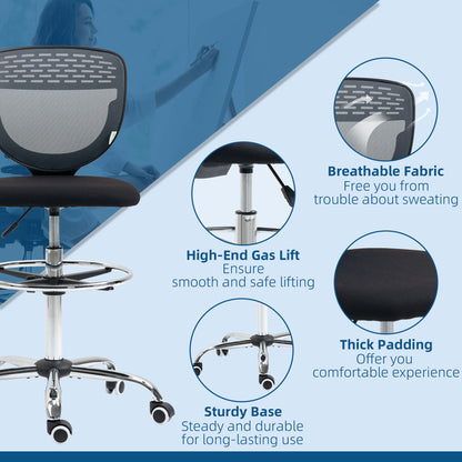 Drafting Chair, Swivel Office Draughtsman Chair, Mesh Standing Desk Chair with Adjustable Foot Ring, Armless, Grey
