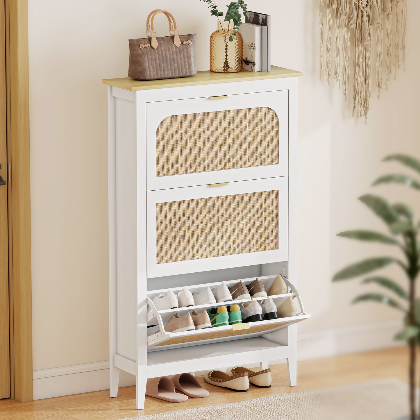 Narrow Shoe Cabinet, Boho Slim Shoe Storage Cabinet with 3 Flip Drawers, Holds 21 Pairs, White