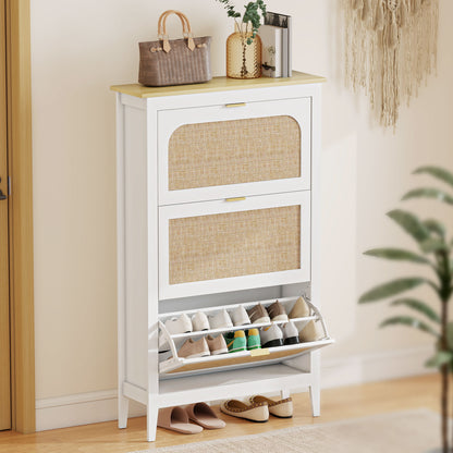 Narrow Shoe Cabinet, Boho Slim Shoe Storage Cabinet with 3 Flip Drawers, Holds 21 Pairs, White