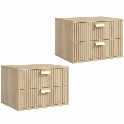 Modern Floating Nightstands Set of 2, Wall Mounted Bedside Tables with 2 Drawers, Oak