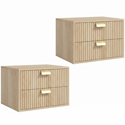 Modern Floating Nightstands Set of 2, Wall Mounted Bedside Tables with 2 Drawers, Oak