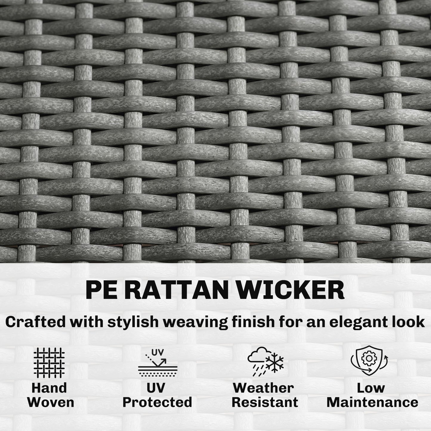3 Seater Rattan Garden Sofa, PE Wicker Outdoor Sofa Wide Deep Seat, 4" Cushions, Wood-Effect Armrests Legs, Dark Grey