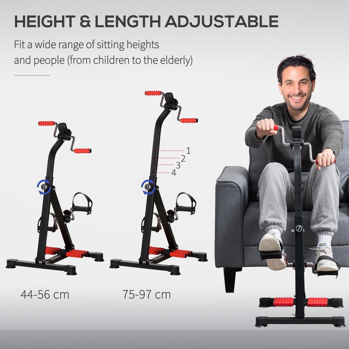 Portable Exercise Bike for Home Pedal Exerciser Height-adjustable 56L x 44- 56W x 75- 97H cm Black and Red