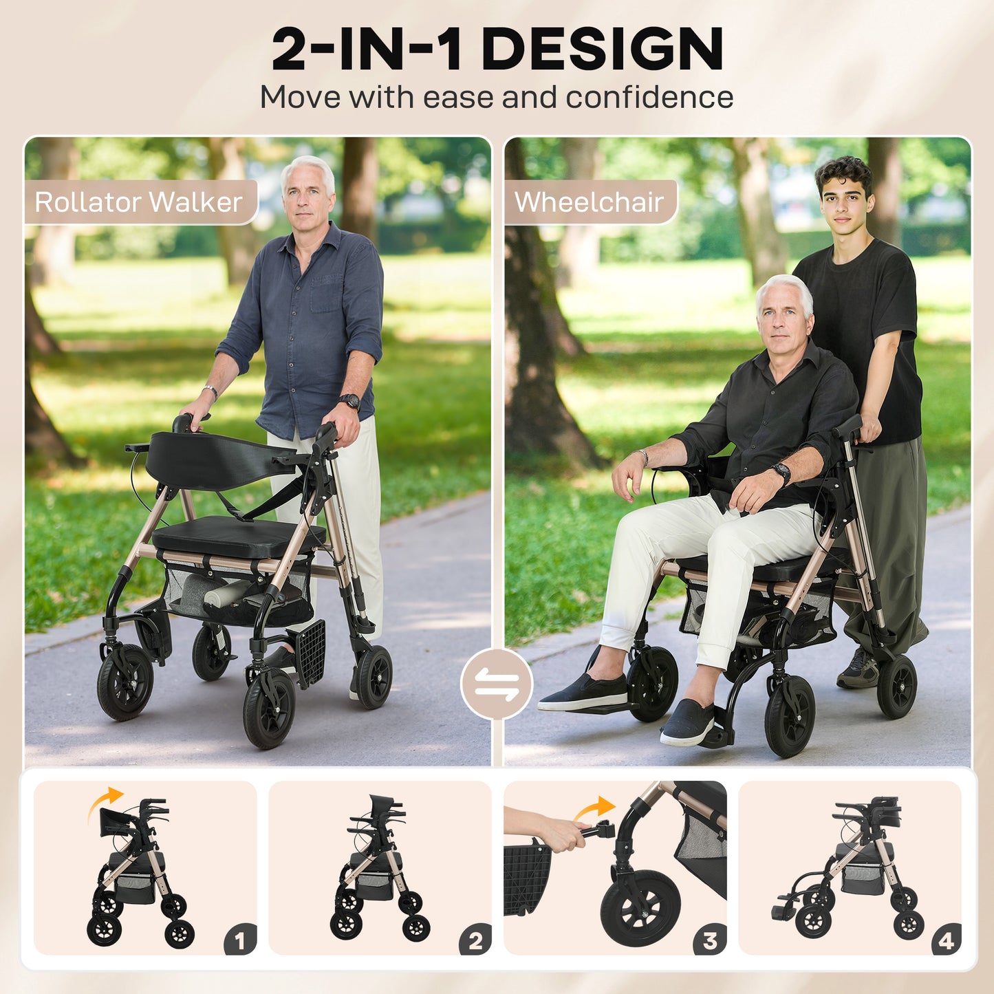 Rollator Walker Wheelchair, with Seat - Black