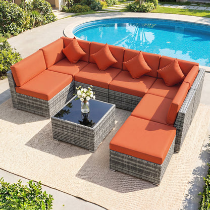 Eight-Piece Rattan Sofa Set - Orange/Grey