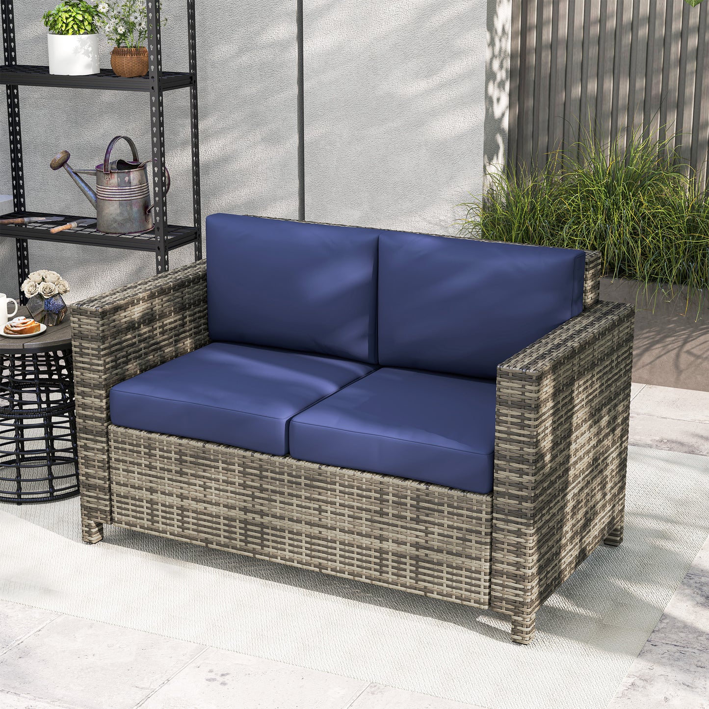 Rattan Sofa, 2 Seater Garden Furniture with Soft Padded Cushion and Armrests, Wicker Garden Loveseat for Patio, Navy Blue