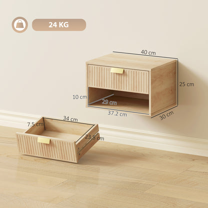 Set of 2 Wall Mounted Nightstands, Floating Bedside Tables with Fluted Drawer and Open Shelf for Small Bedroom, Oak