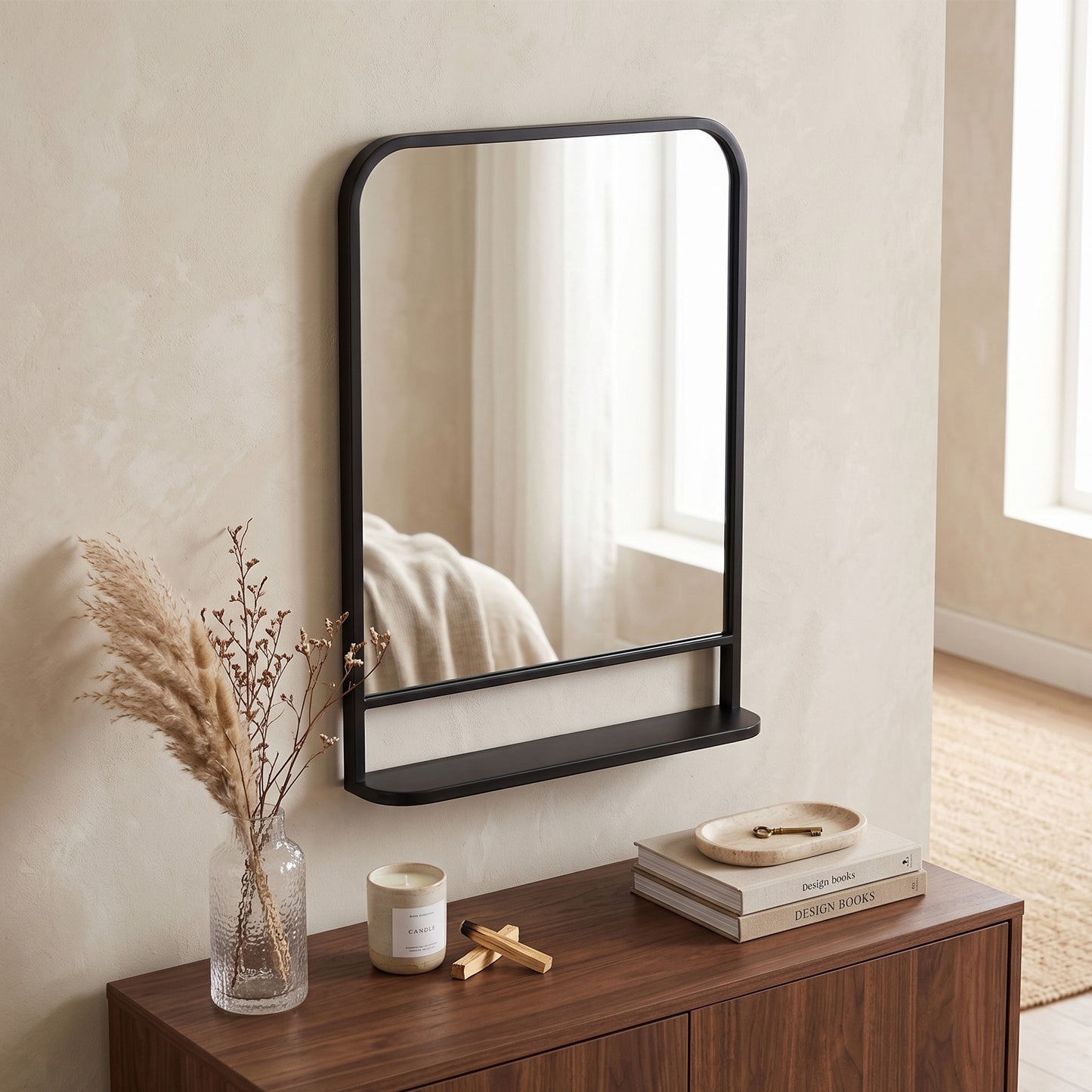 Modern Rectangular Wall Mirror with Storage Shelf, 70 x 50 cm Mirrors for Living Room, Bedroom, Black