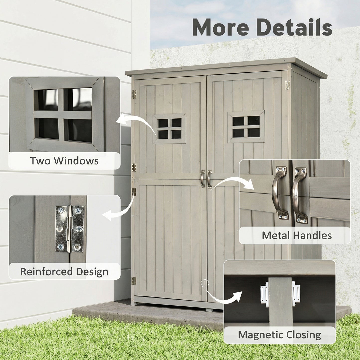 Wooden Garden Shed with Two Windows, Tool Storage Cabinet, Outdoor Double Door Organizer 127.5L x 50W x 164H cm, Grey