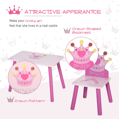 3 Pcs Kids and Table Chair Set Princess & Crown Theme Home Furniture Pretty Gift 2-4 Years Pink