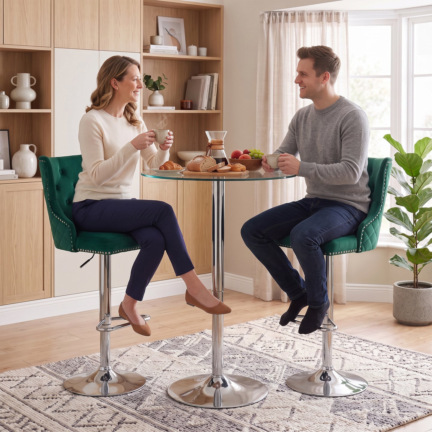 Bar Stools Set of 2, Modern Swivel & Adjustable Velvet Barstools with Button-Tufted Back, Footrest for Home Bar, Green