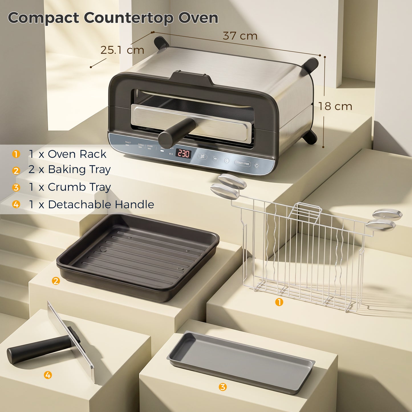 3-in-1 Electric Mini Oven, Long Slot Toaster and Tabletop Grill, with LED Display, 60 Min Timer, Stainless Steel, 1700W